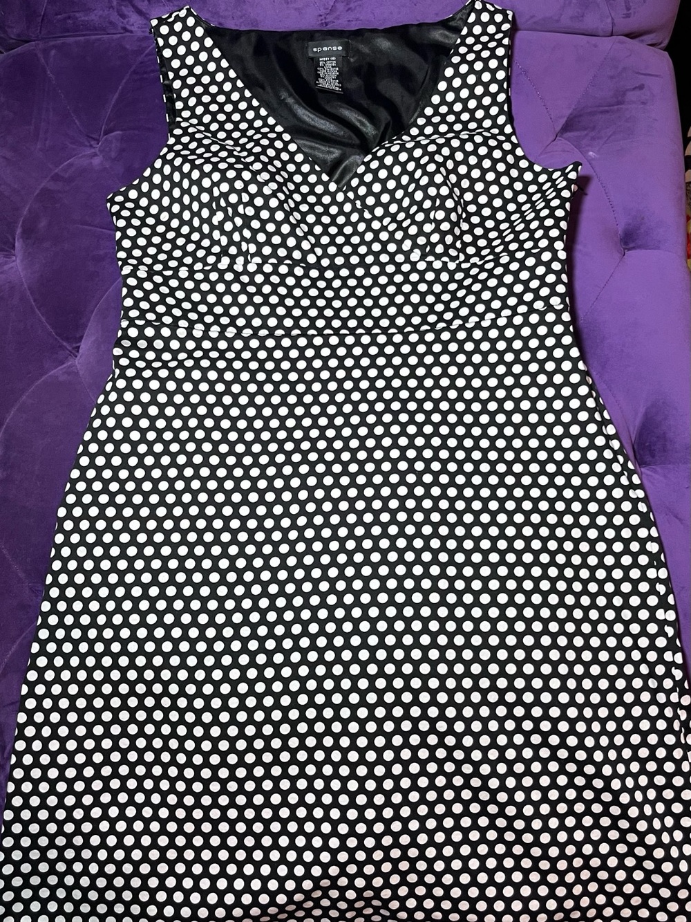 Spense Black and White Polka Dot Sleeveless V-Neck Dress